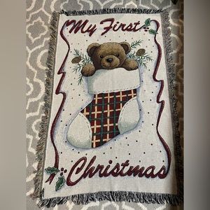 My First Christmas Fringed Woven Tapestry Blanket Teddy Bear Throw Baby Nursery